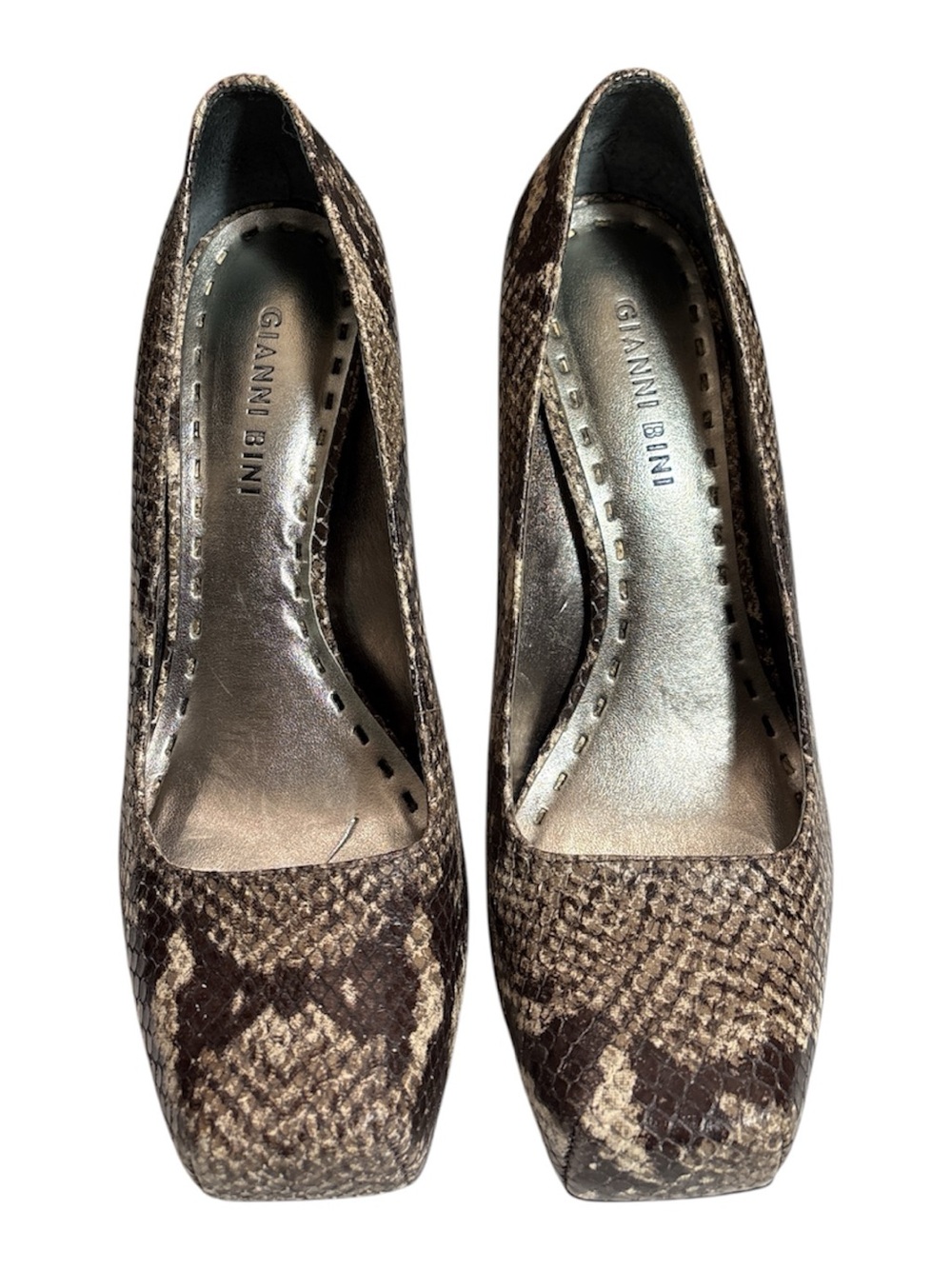 Gianni Bini Brown & Cream Snake-Print Square-Toe Pumps